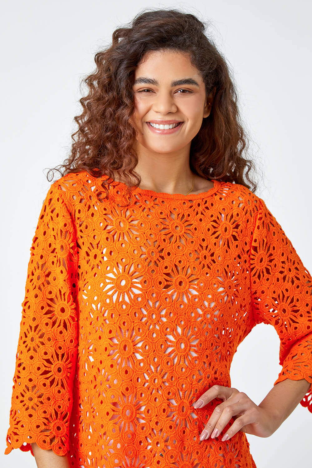 ORANGE Floral Cotton Crochet Top, Image 4 of 5