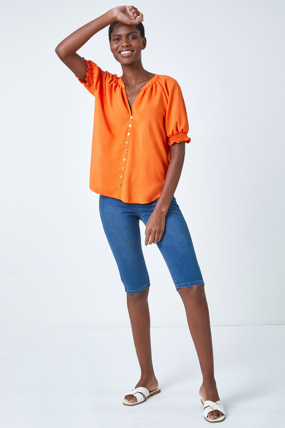ORANGE Puff Sleeve Button Detail Blouse, Image 4 of 5