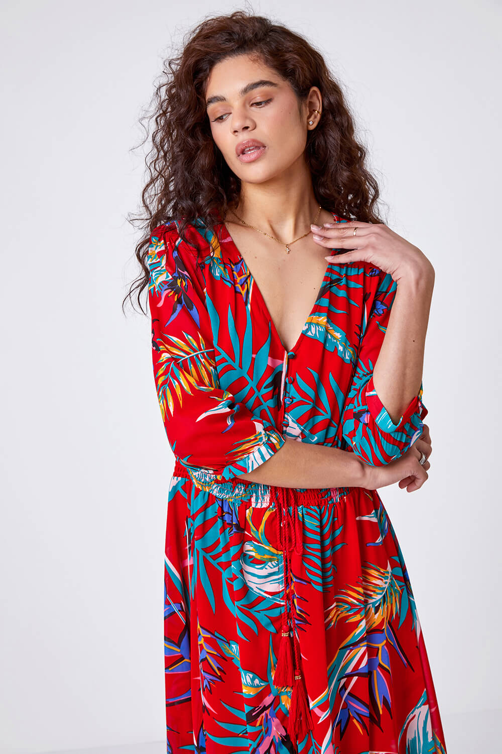 Red Tropical Print Belted Maxi Dress, Image 5 of 6