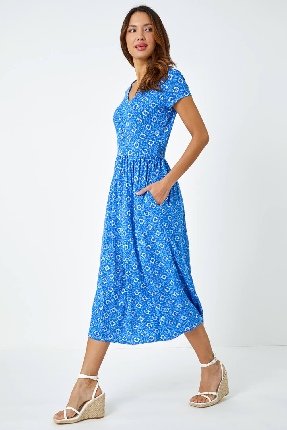 Royal Blue Tile Print Midi Stretch Dress | Roman UK