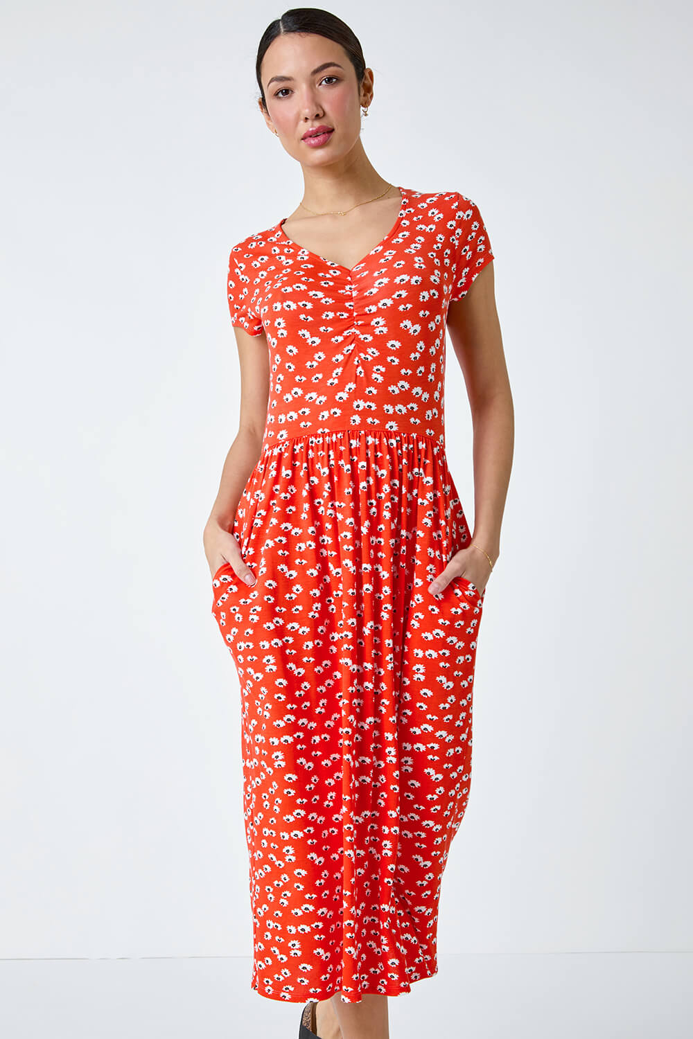 Red Ditsy Print Ruched Midi Dress, Image 4 of 5