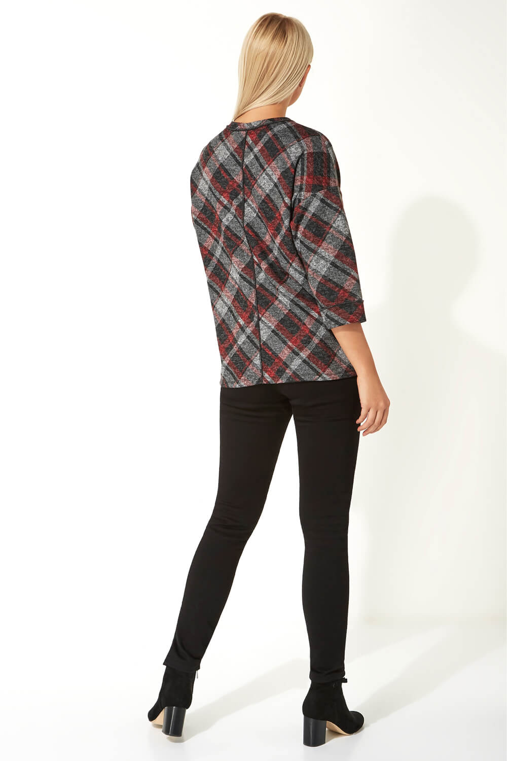 Red 3/4 Sleeve Check Print Top, Image 3 of 5