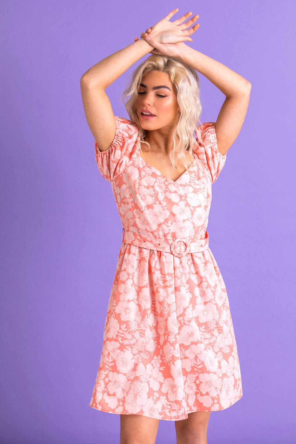 CORAL Floral Puff Sleeve Belted Dress, Image 3 of 5