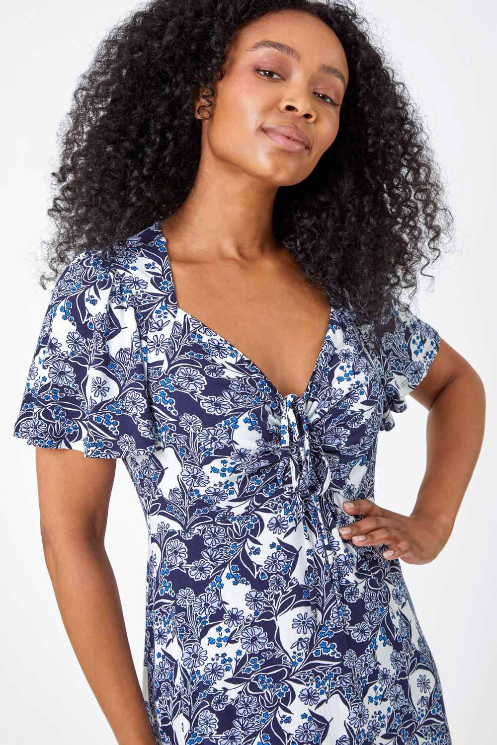 Blue Petite Floral Ruched Stretch Tea Dress, Image 4 of 5