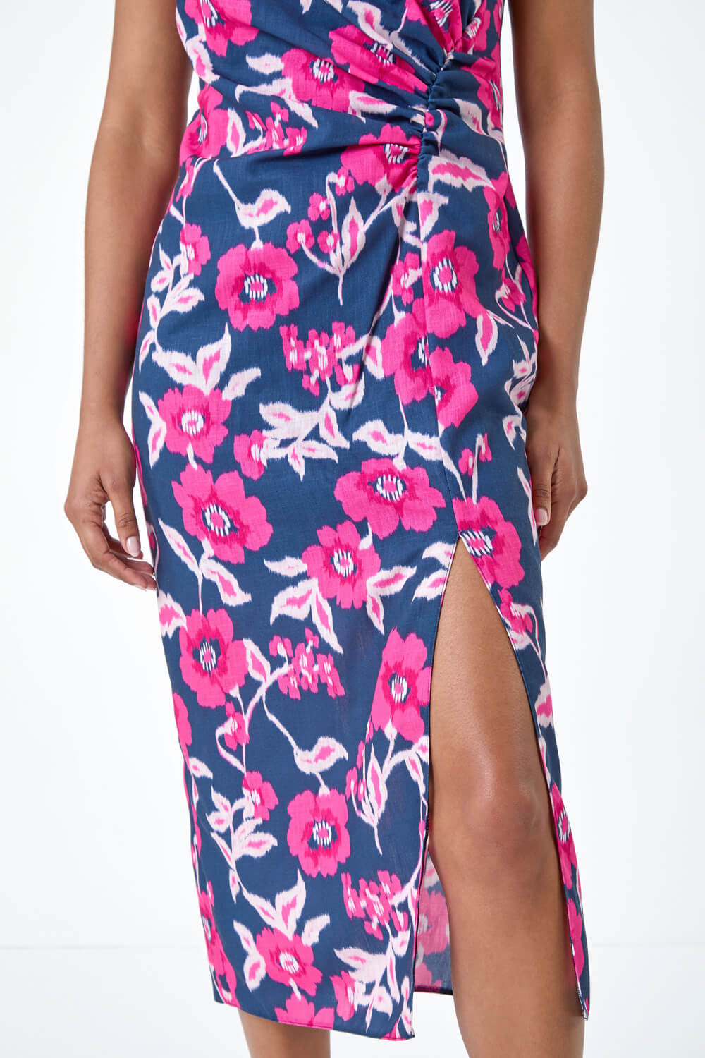 PINK Floral Linen Look Ruched Midi Dress, Image 5 of 5