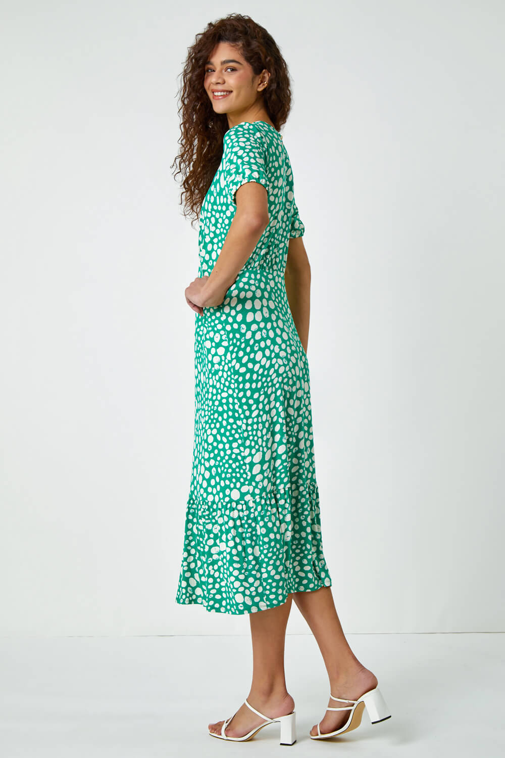 Green Pebble Print Frill Hem Midi Dress , Image 3 of 5