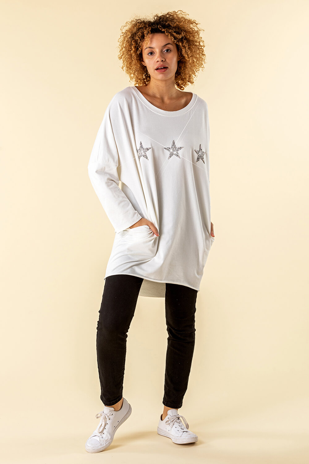 White One Size Long Sleeve Sequin Star Top, Image 2 of 4