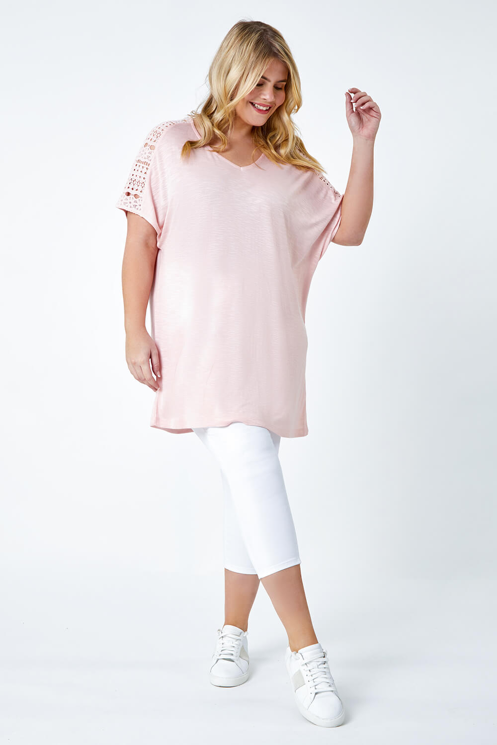 Light Pink Curve Lace Trim T-Shirt, Image 4 of 5