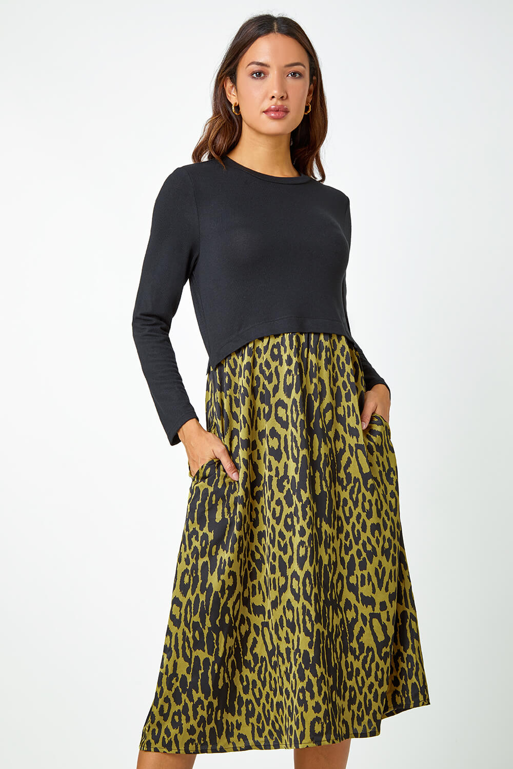 Black Contrast Leopard Print Pocket Knit Midi Dress, Image 4 of 5