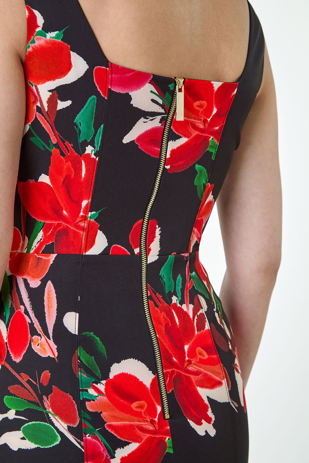 Red Floral Corset Detail Stretch Dress, Image 5 of 5