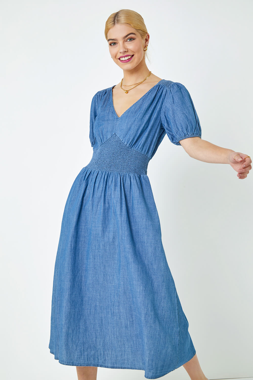 Denim Shirred Waist Pocket Midi Dress, Image 2 of 5