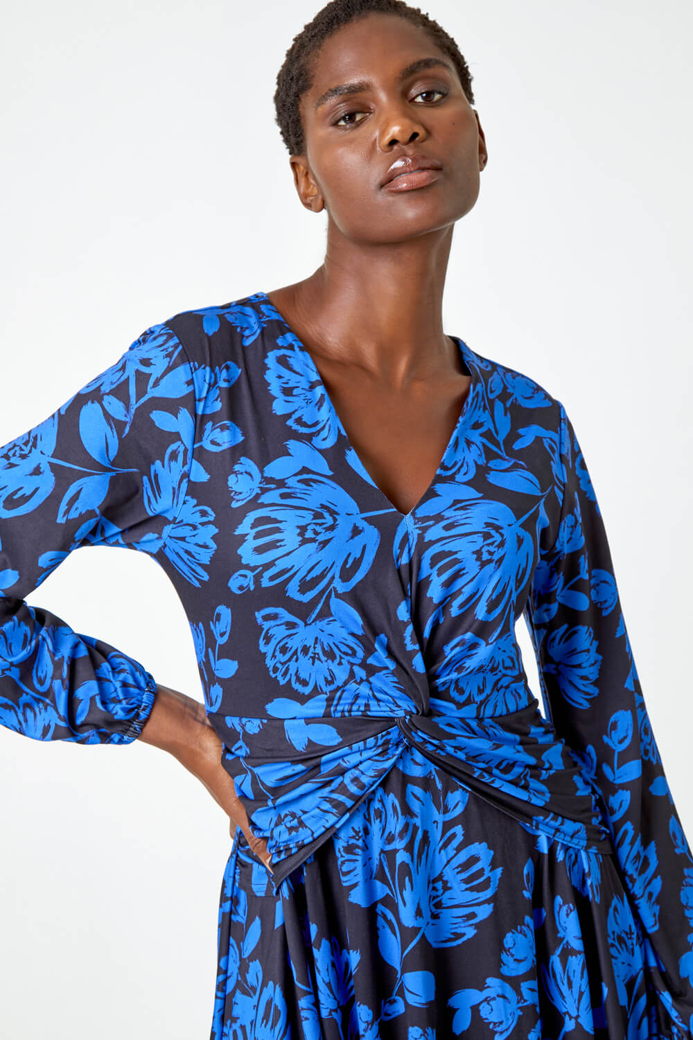 Royal Blue Floral Print Twist Detail Stretch Dress, Image 4 of 5