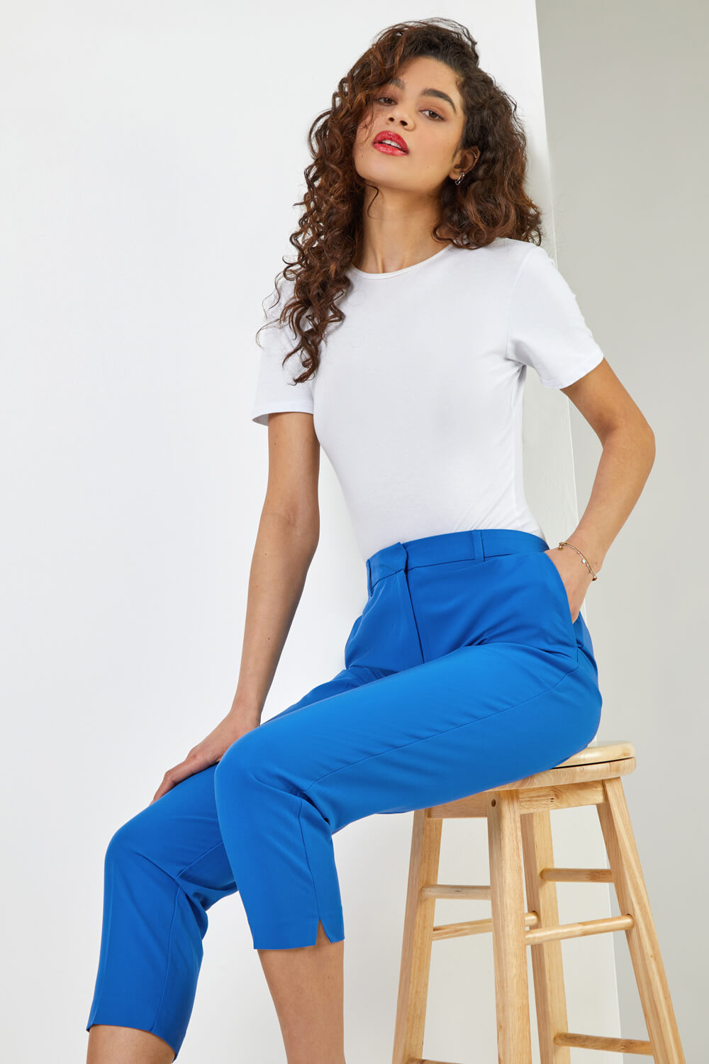Royal Blue Smart Tapered Stretch Trousers, Image 5 of 5