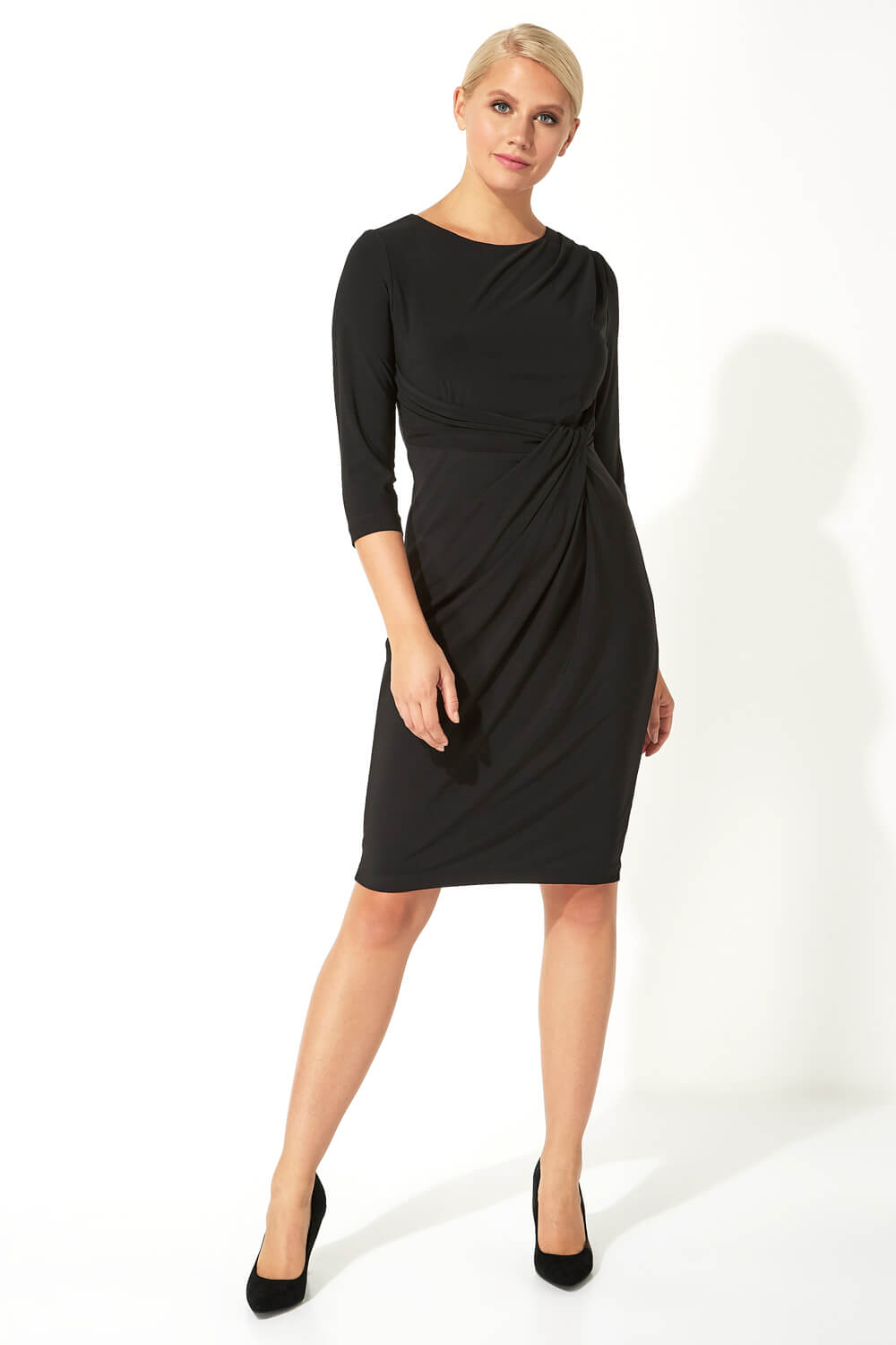 Black 3/4 Sleeve Twist Waist Dress, Image 2 of 5