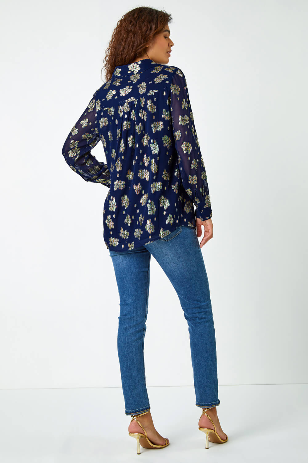 Midnight Blue Metallic Floral Print Blouse, Image 4 of 5