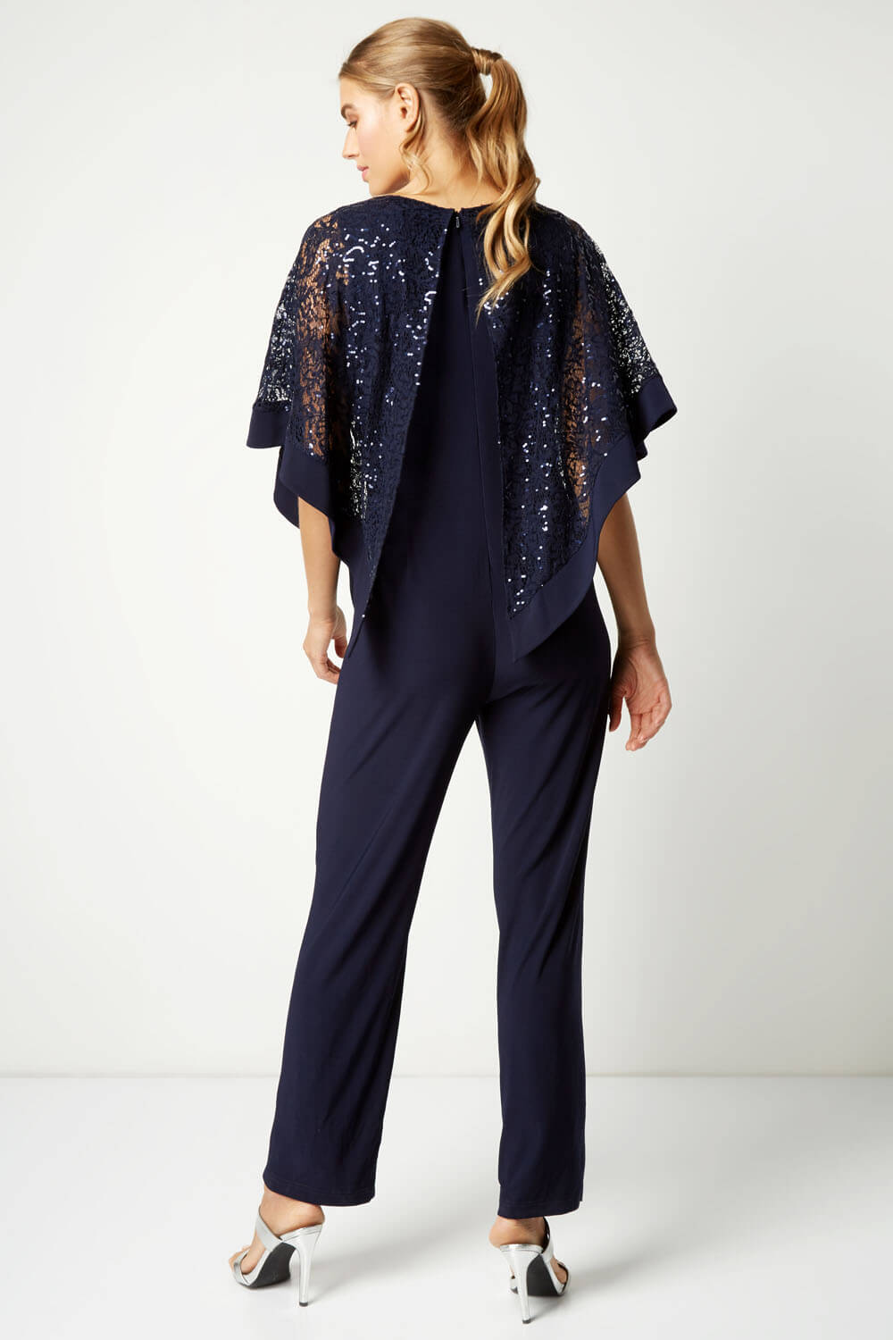 Navy  Sequin Overlay Jumpsuit, Image 3 of 4