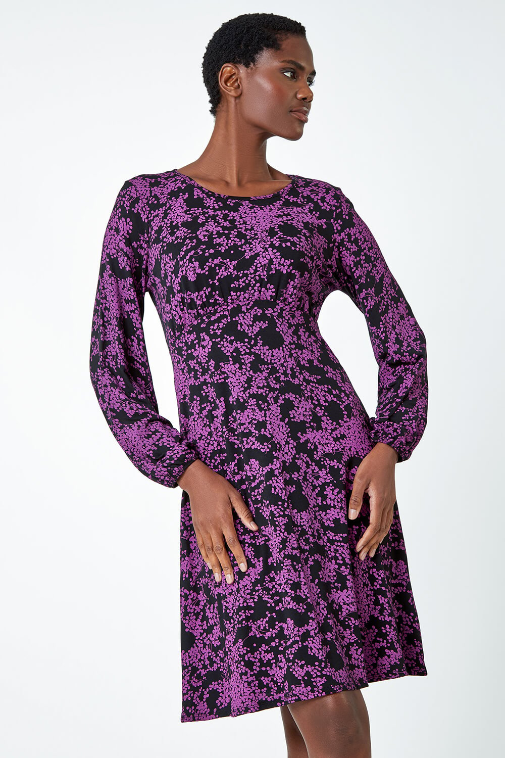 Purple Ditsy Floral Print Stretch Dress, Image 2 of 5