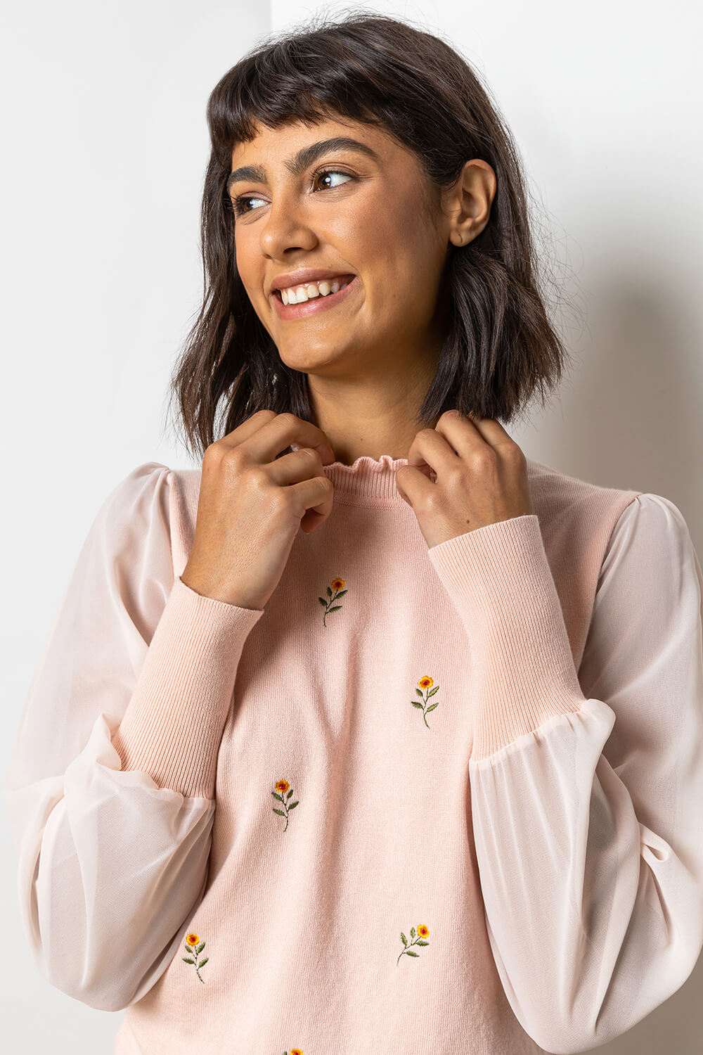 Peach Floral Embroidered Frill Neck Top , Image 4 of 5