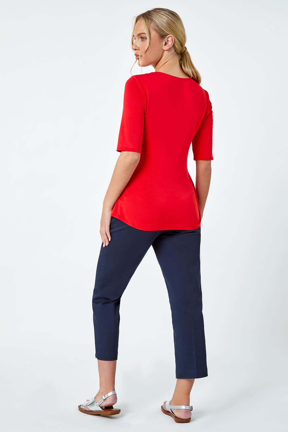 Red Petite Ruched Ribbed Stretch Top, Image 3 of 6