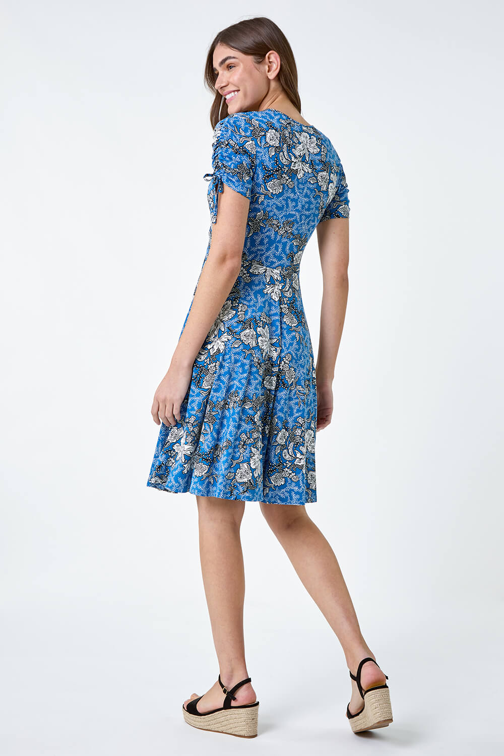 Blue Floral Gathered Tie Detail Stretch Dress, Image 3 of 5