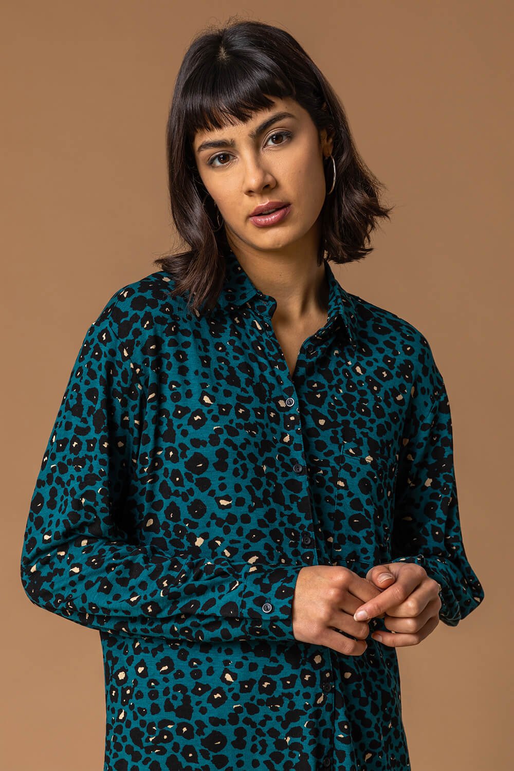 Teal Animal Print Jersey Buttoned Shirt, Image 4 of 4