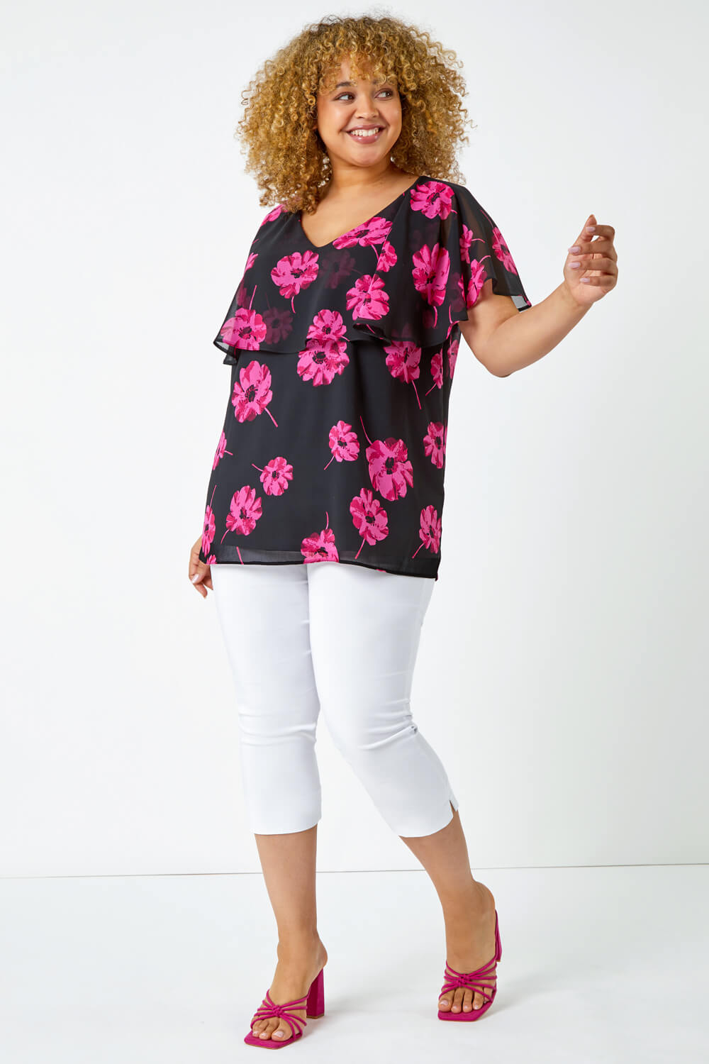 Curve Floral Chiffon Overlay Top