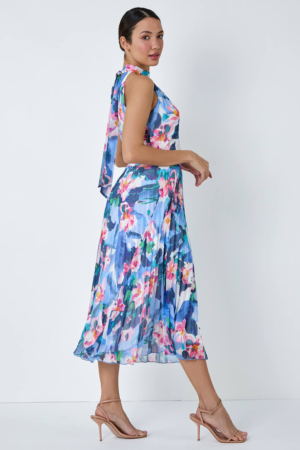 Blue Floral Print Pleated Midi Dress, Image 3 of 5