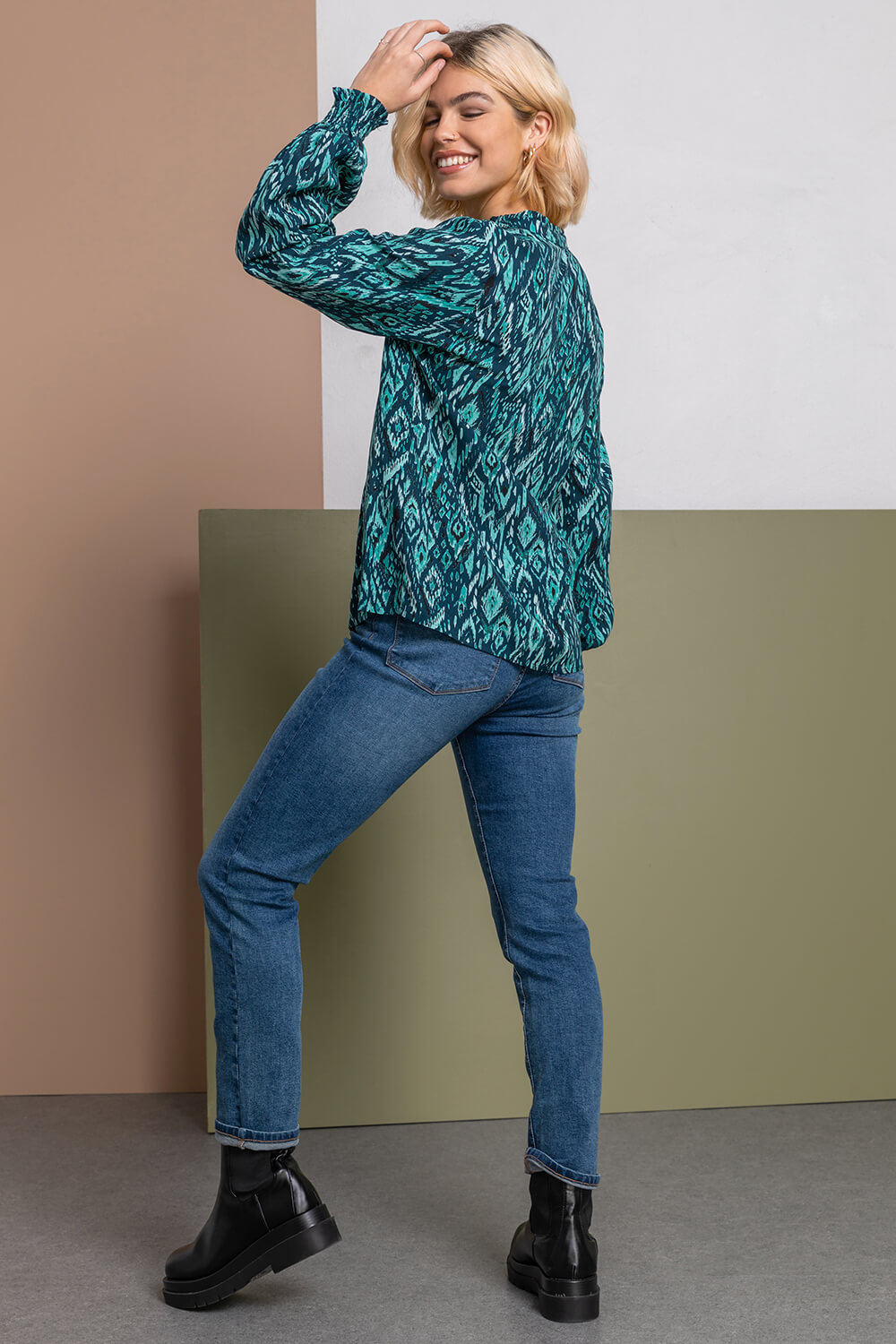 Turquoise Aztec Print Buttoned Blouse, Image 2 of 5