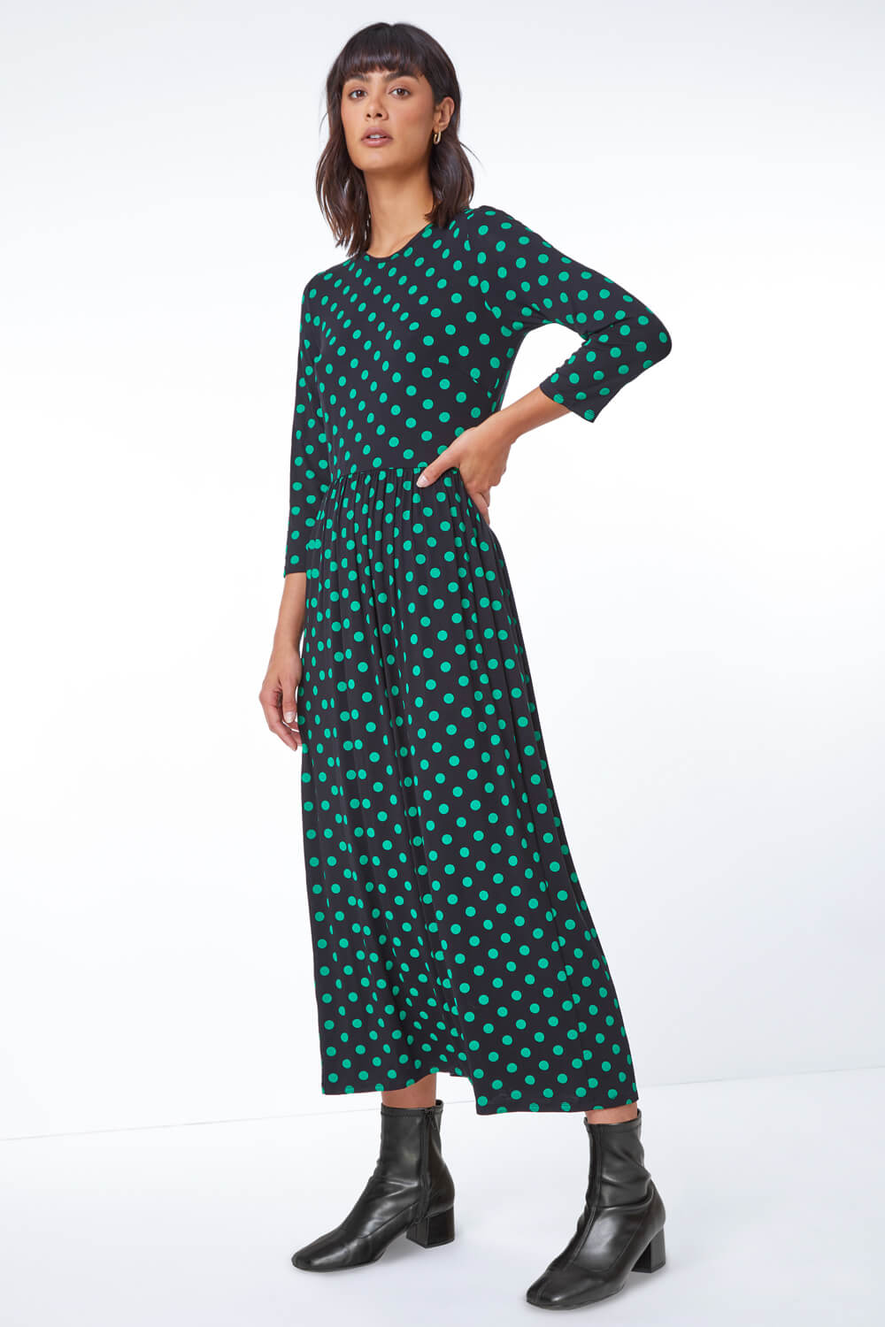 Green Spot Print Gathered Midi Stretch Dress, Image 3 of 5