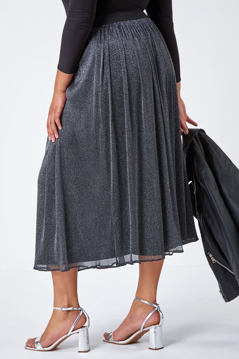 Silver Curve Glitter Mesh Midi Stretch Skirt, Image 4 of 6