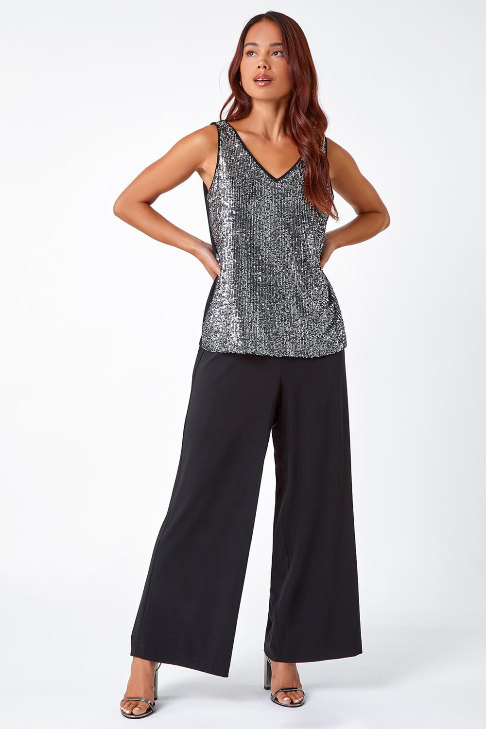 Silver Petite Sequin Stretch Vest Top, Image 2 of 5
