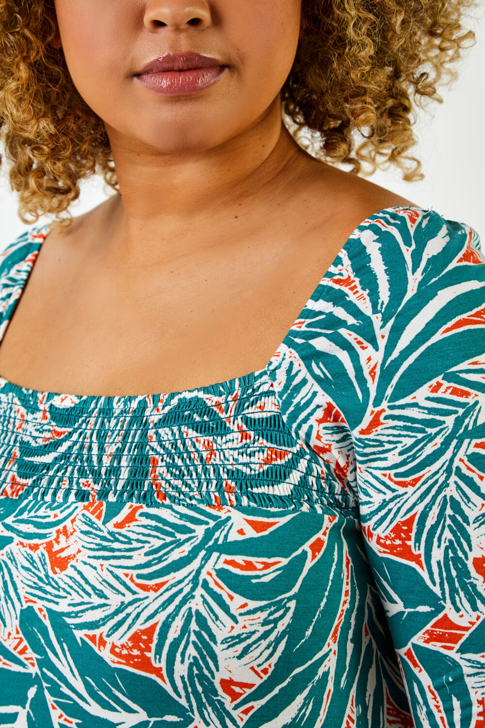Green Curve Tropical Print Shirred Detail Top, Image 5 of 5