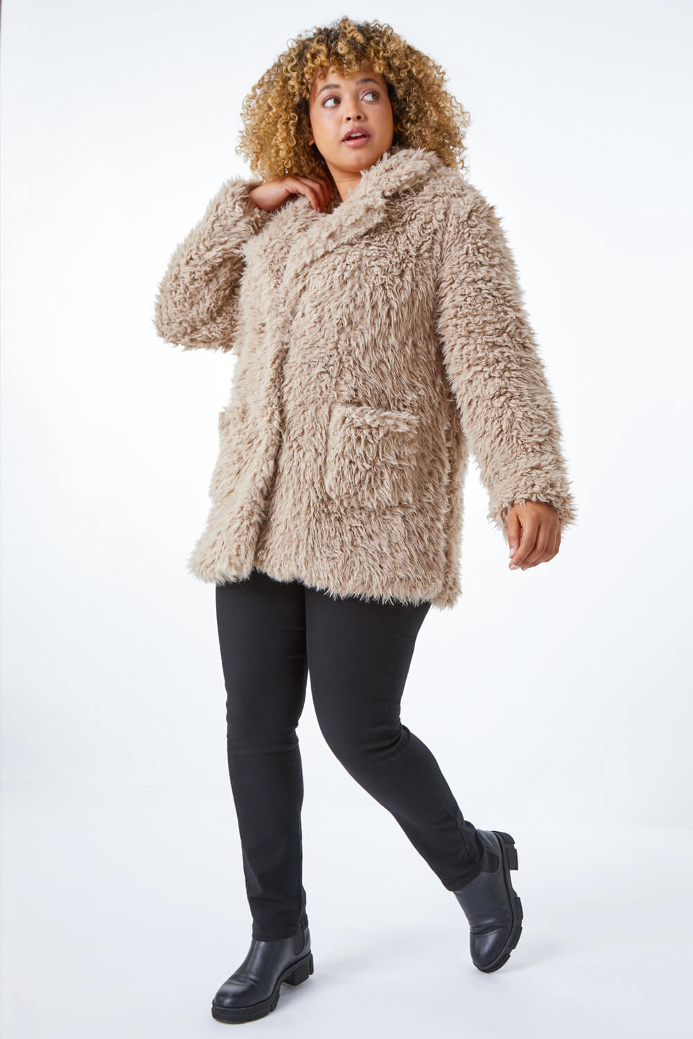 Beige Curve Fluffy Textured Coat, Image 4 of 5