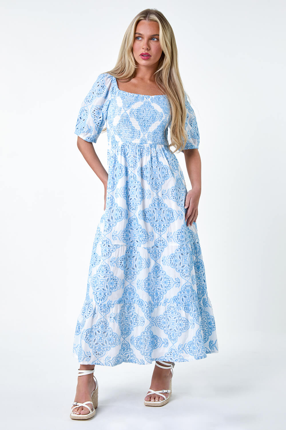 Blue Petite Cotton Embroidered Shirred Maxi Dress, Image 2 of 5
