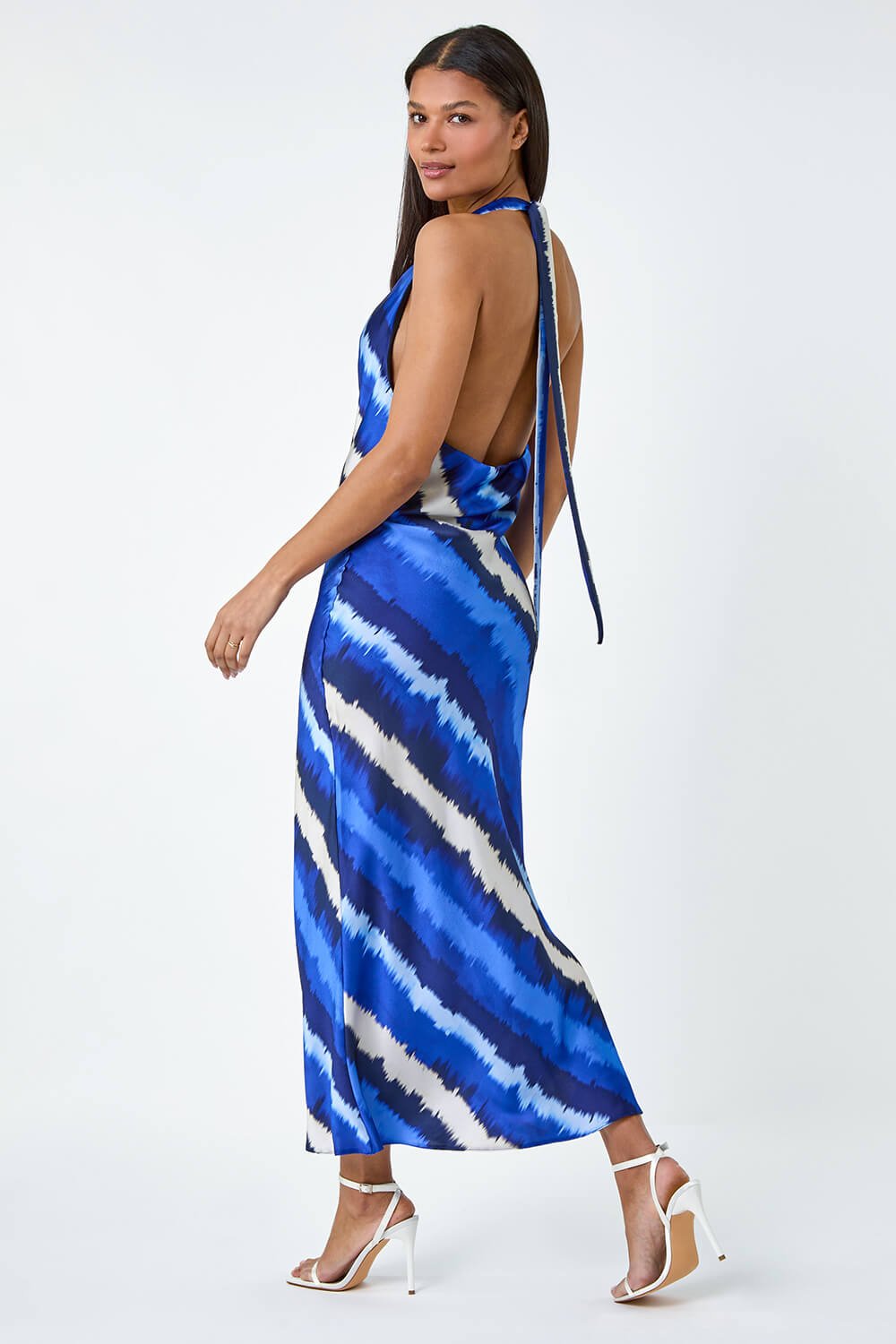 Royal Blue Stripe Print Satin Bias Cut Dress, Image 2 of 5