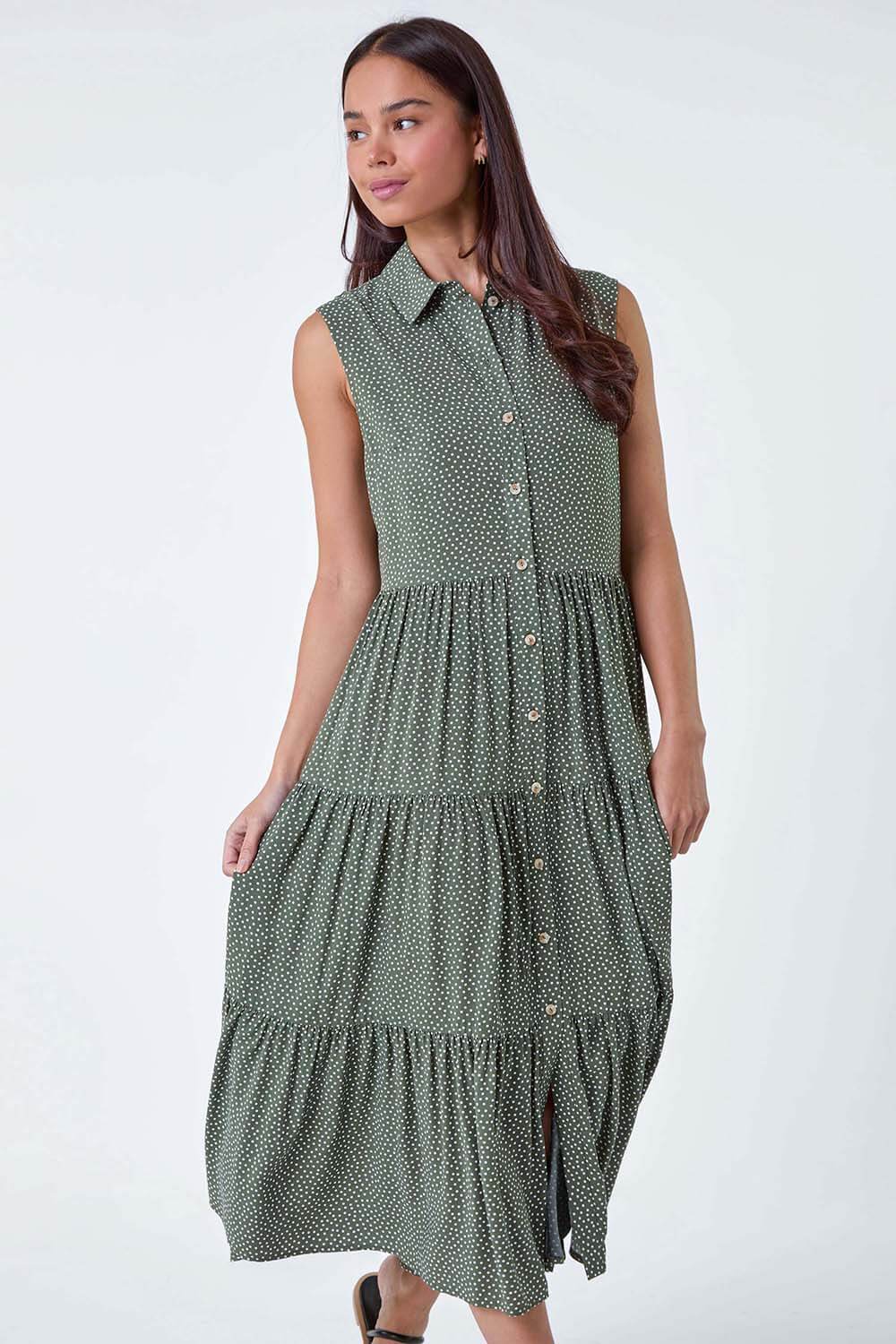 KHAKI Petite Polka Dot Midi Shirt Dress, Image 2 of 5
