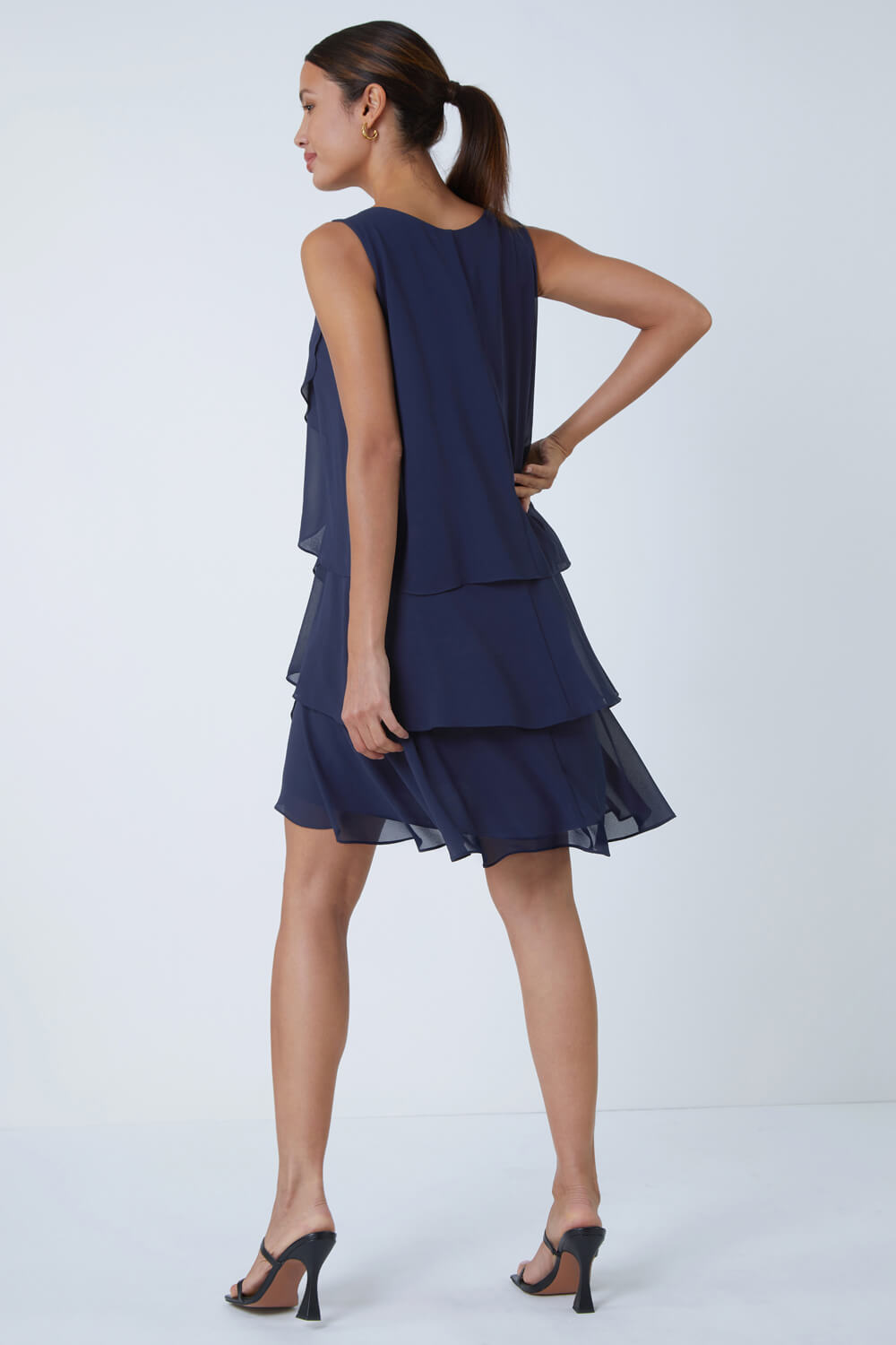 Midnight Blue Embellished Frill Swing Dress, Image 3 of 5