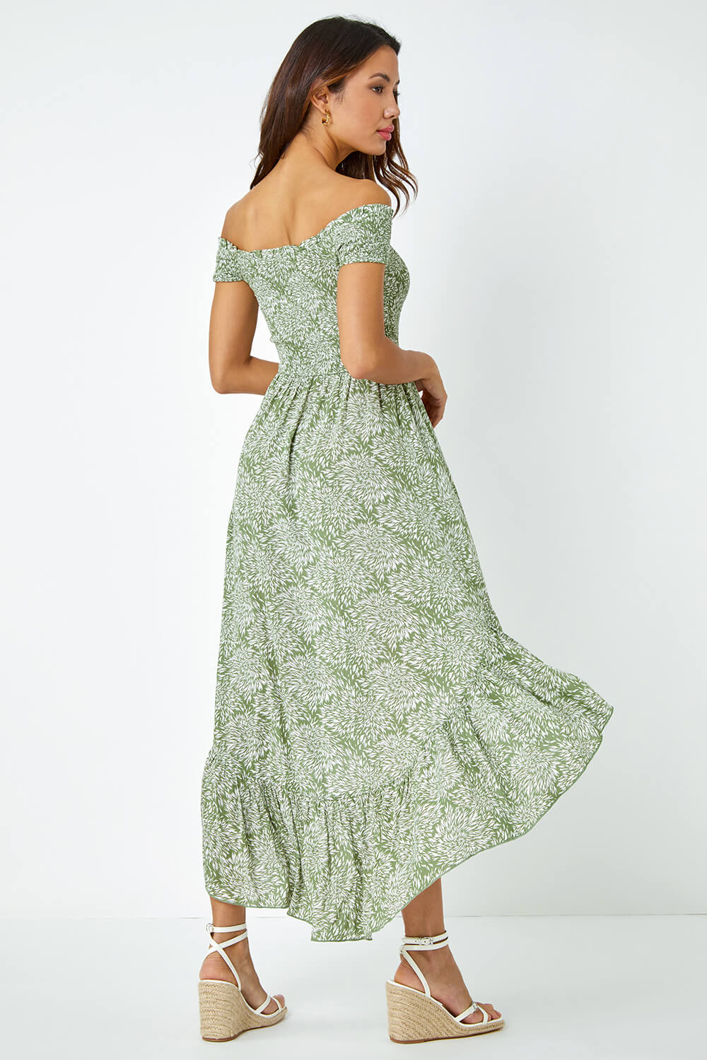 Mint Leaf Print Shirred Bardot Dress , Image 3 of 5