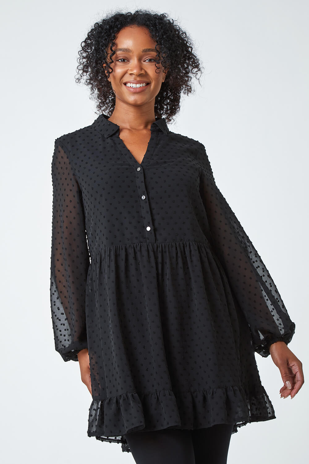 Black Petite Textured Spot Chiffon Tiered Dress, Image 2 of 5