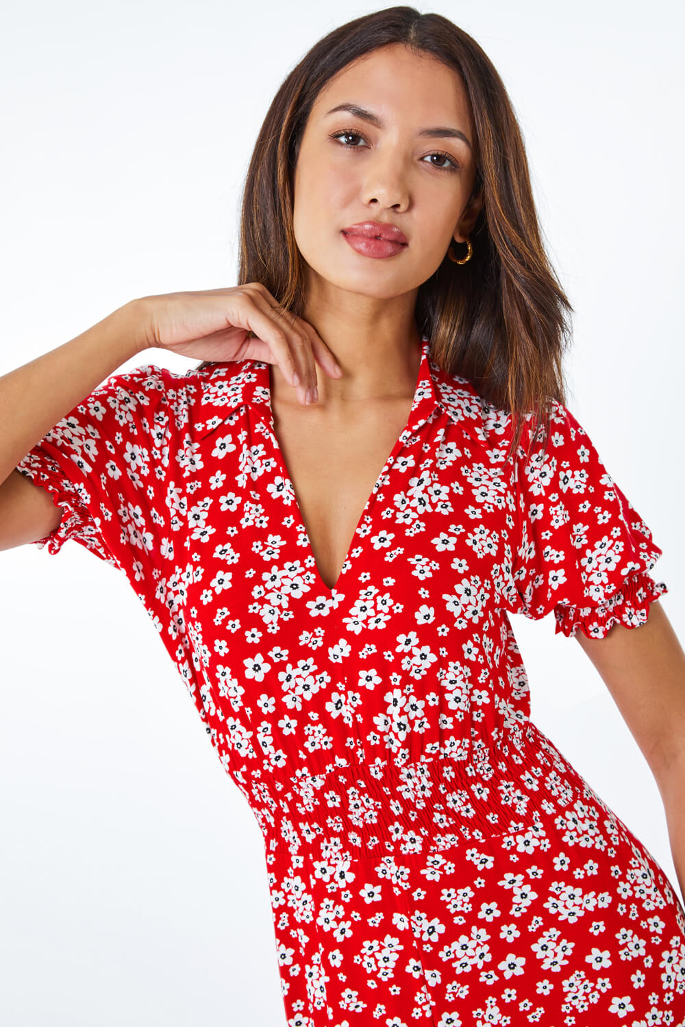 Ditsy Floral Print Fit & Flare Dress in Red - Roman Originals UK