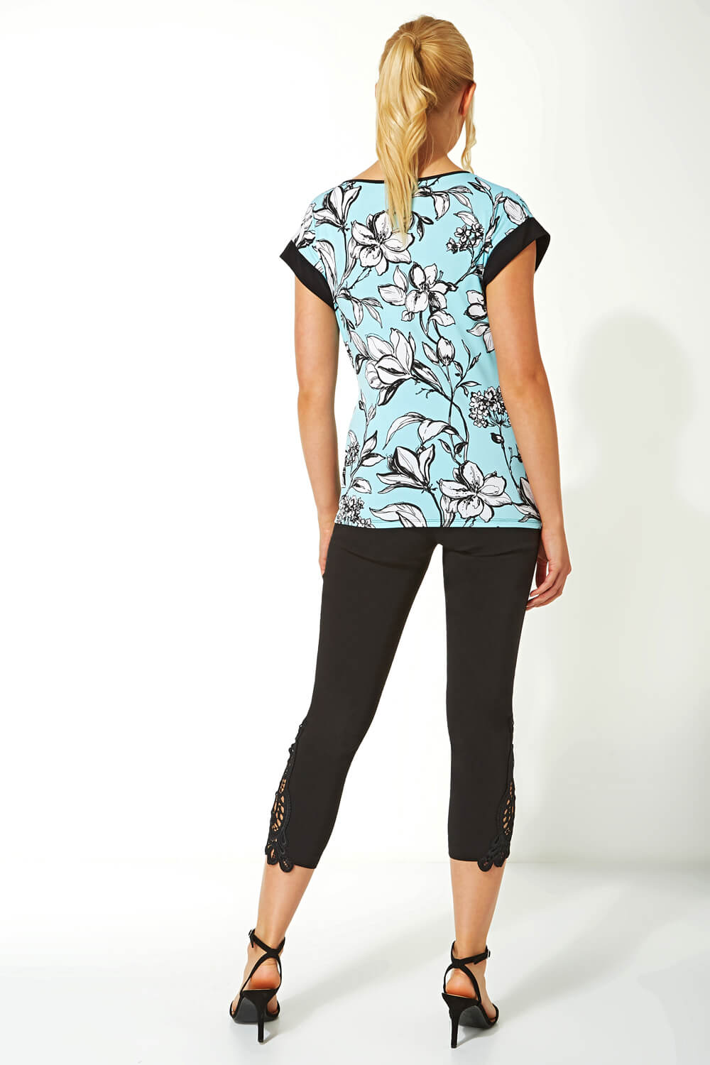 Turquoise Tie Waist Floral Top, Image 2 of 5