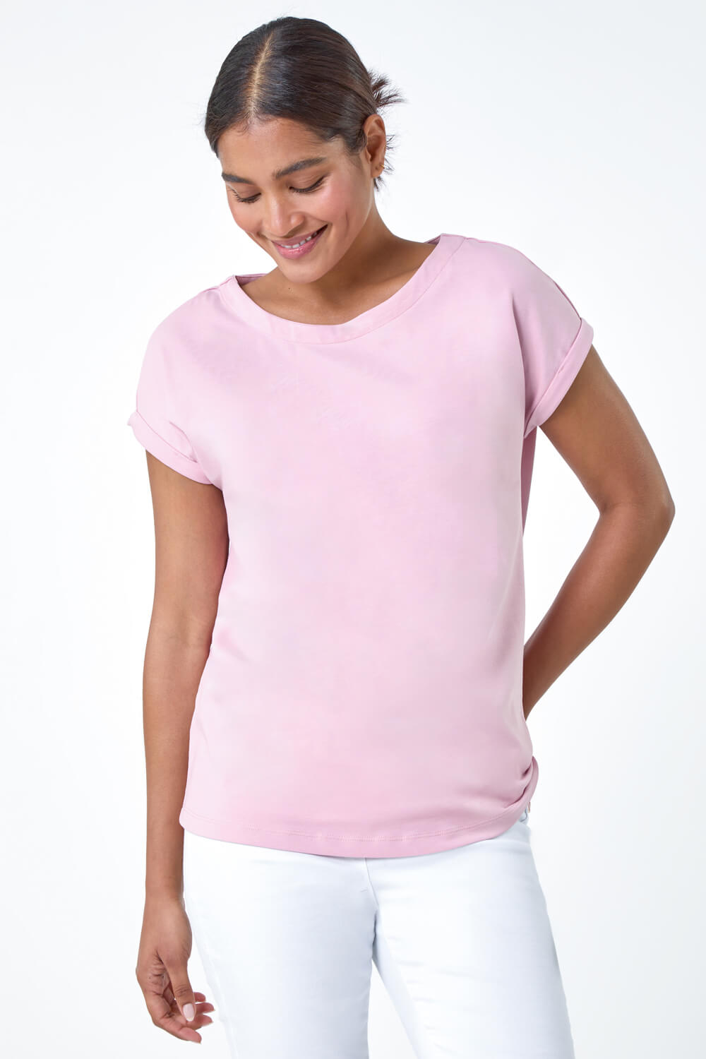 Light Pink Plain Stretch Cotton Jersey T-Shirt, Image 3 of 5