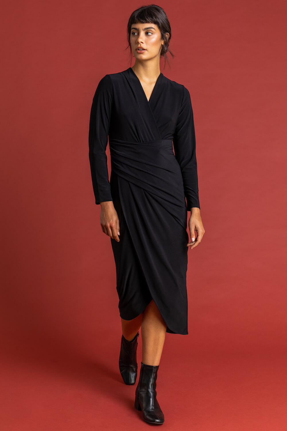 Black Fitted Jersey Ruched Wrap Dress, Image 3 of 5
