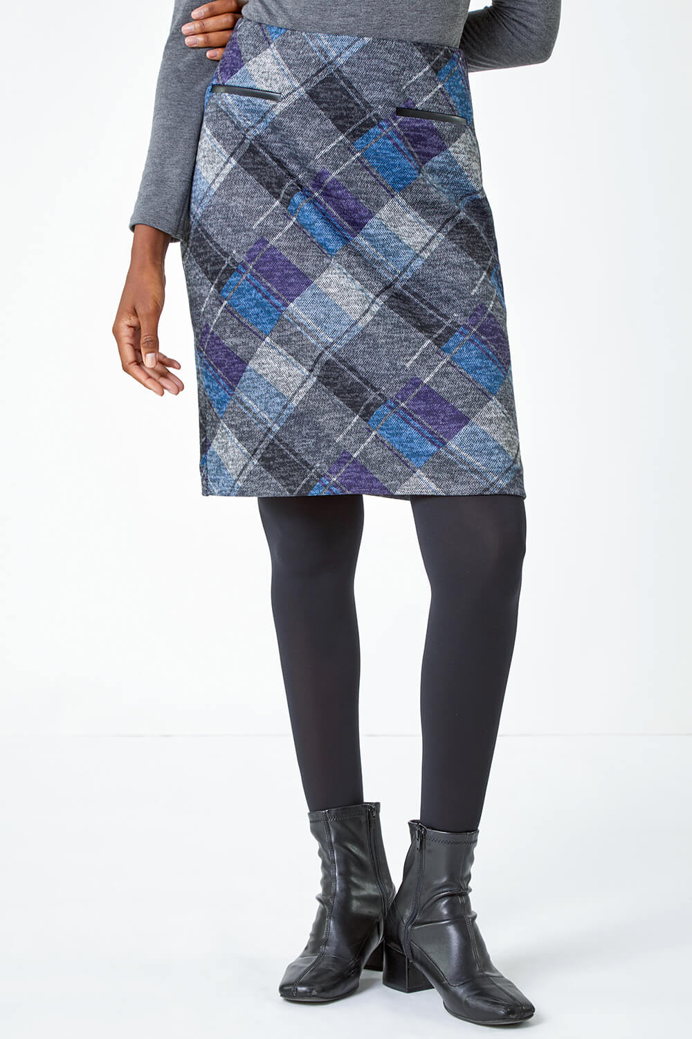 Royal Blue Check Print Pocket Stretch Skirt, Image 4 of 5
