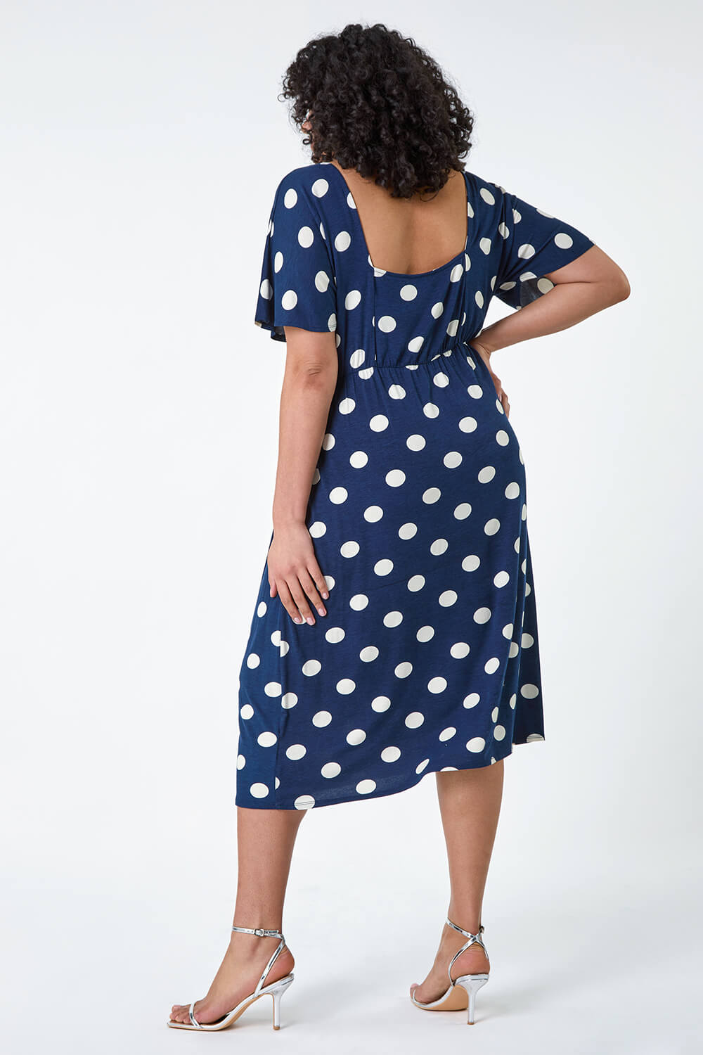 Navy  Curve Ruched Front Polka Dot Dress, Image 3 of 5