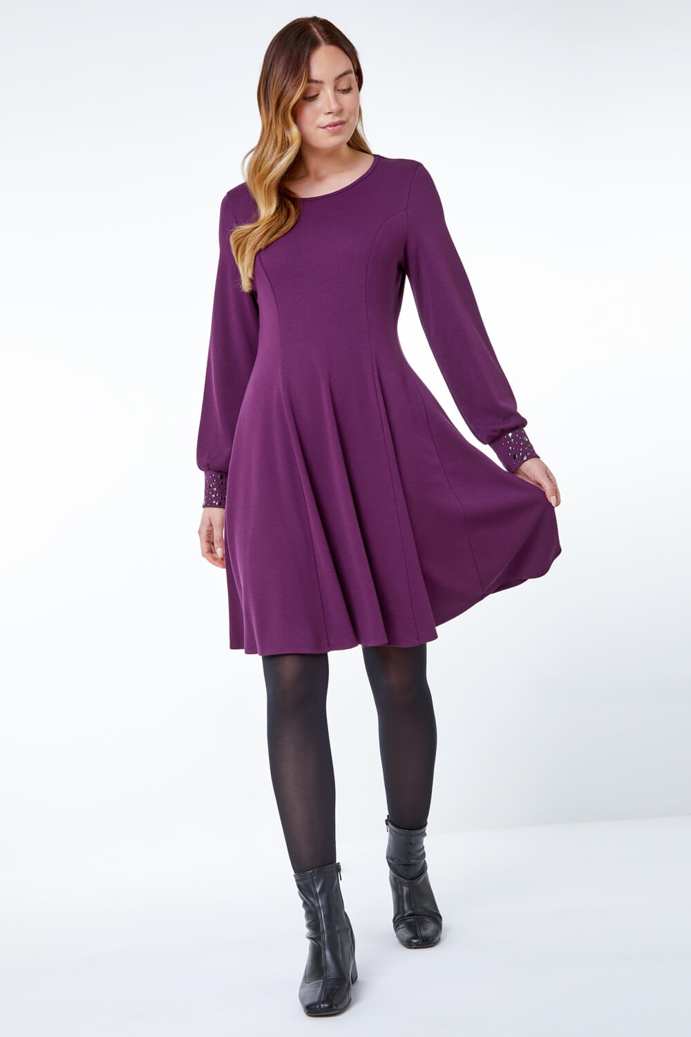 Purple Embellished Cuff Skater Dress , Image 2 of 5