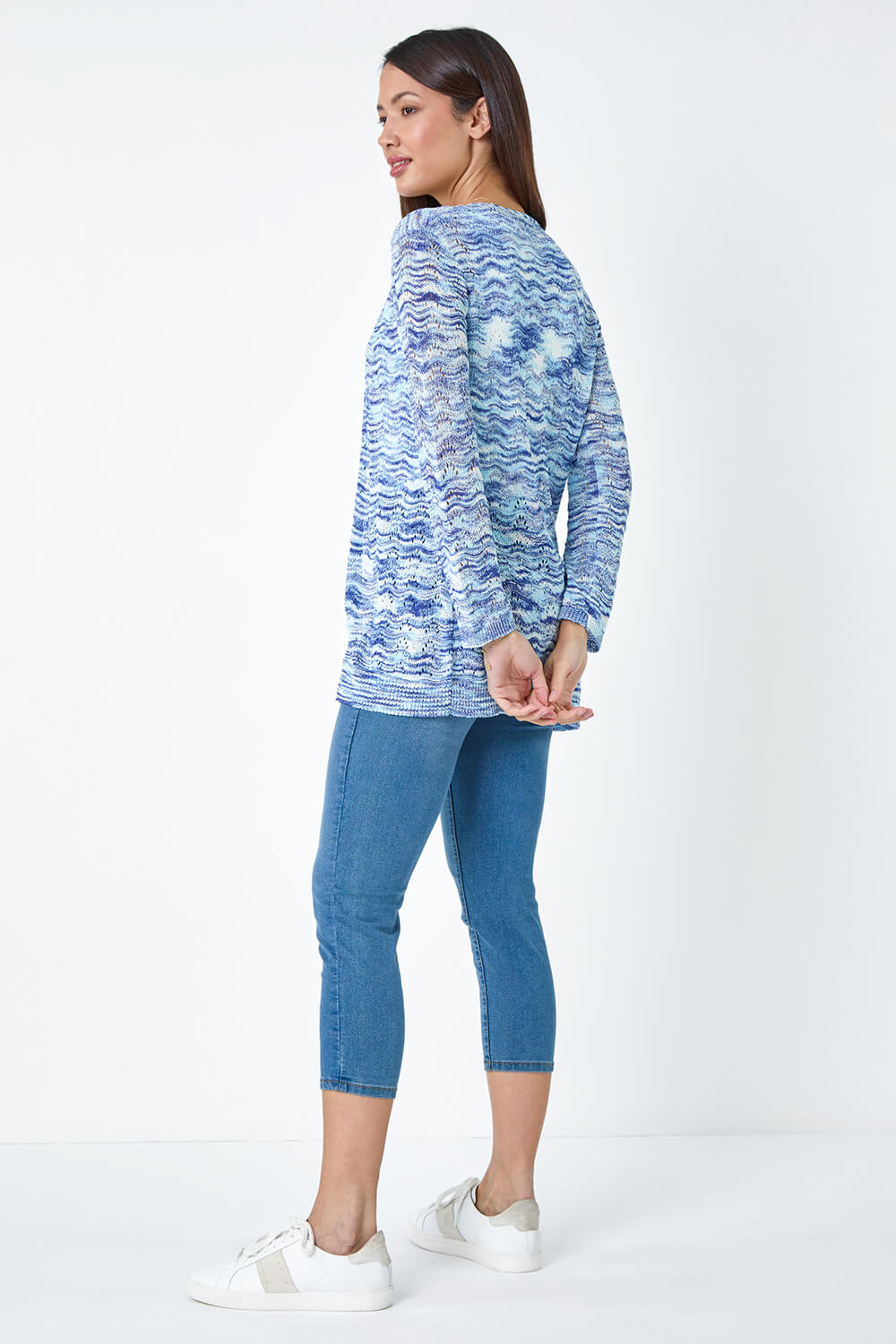 Blue Wave Print Pointelle Knit Cardigan, Image 3 of 5