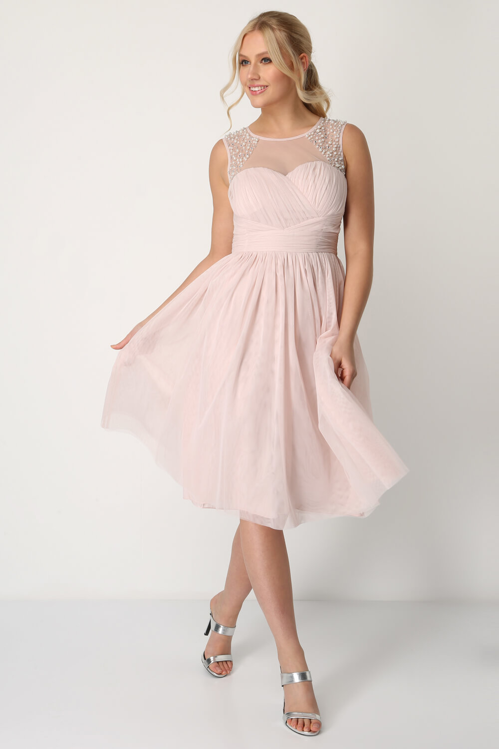 Light Pink Bead Embellished Knee Length Dress, Image 3 of 5