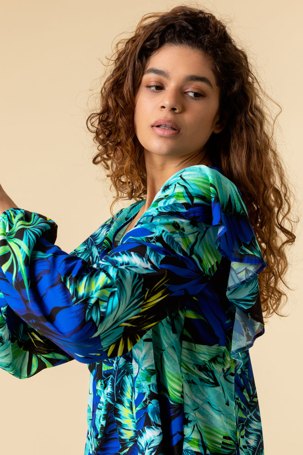 Green Palm Print Frill Sleeve Top, Image 5 of 5
