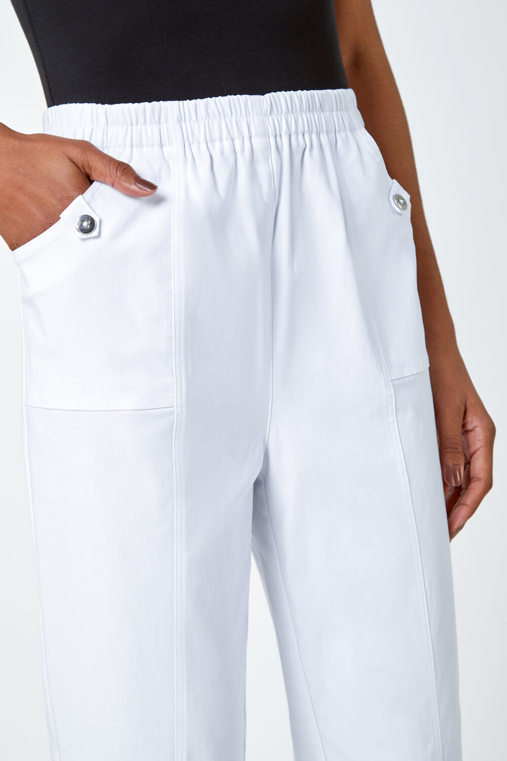 White Contrast Detail Cropped Stretch Trouser , Image 5 of 5